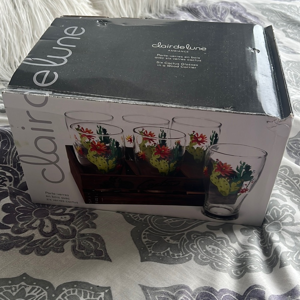 Cactus Glasses in a Wood Carrier